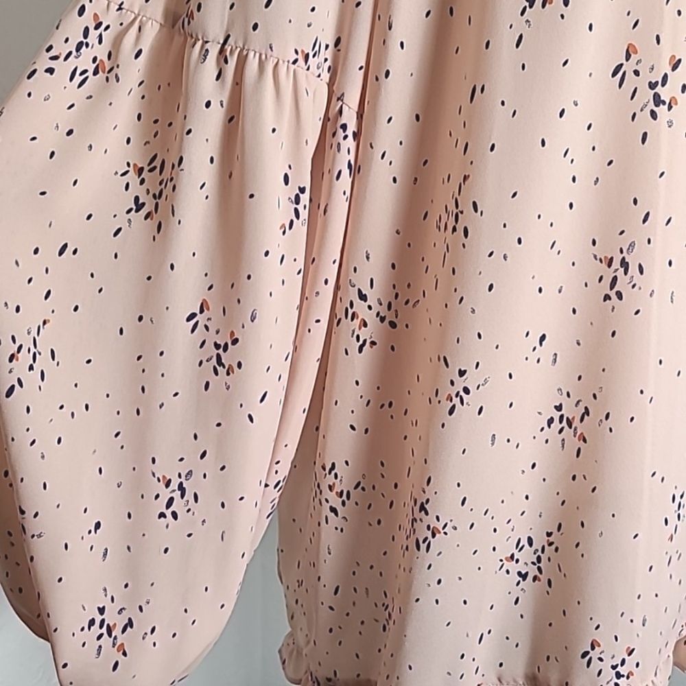 a.n.a. Light Pink Blouse, Splashes of Navy, Lace-up Neckline/Ruffles, Sz Large - Picture 7 of 11